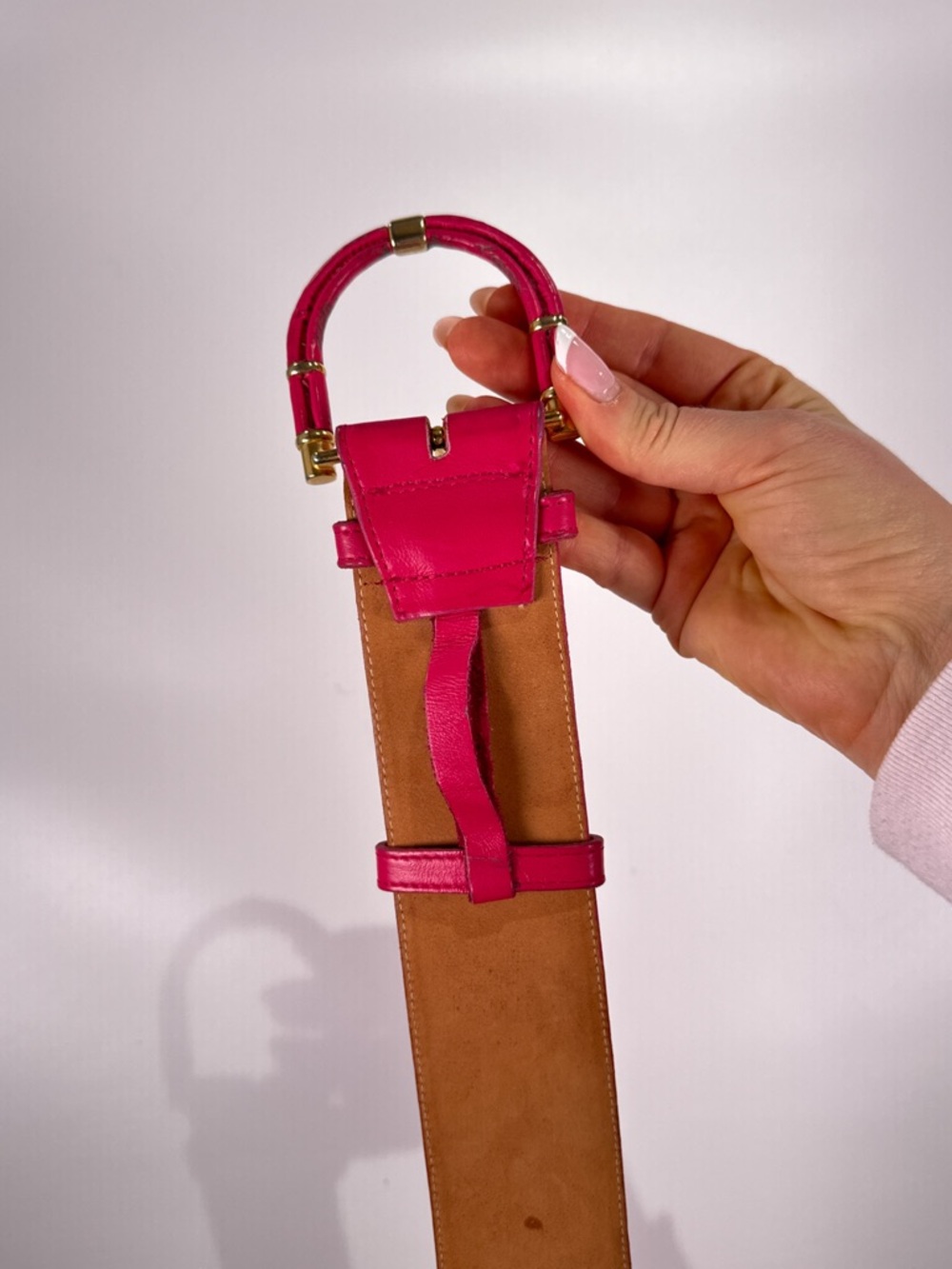 Ginnie Johansen Pink Leather Architectural Buckle Belt S - Picture 11 of 12